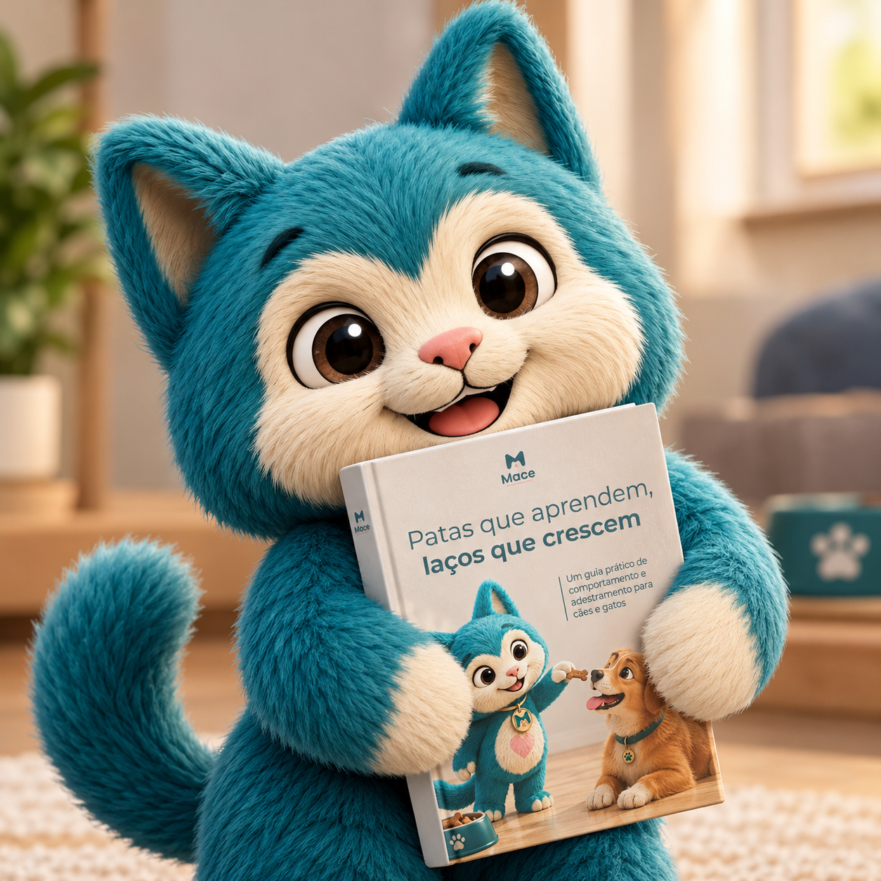 Mimo, o mascote azul da Mace, abraçando o e-book Patas que aprendem, laços que crescem